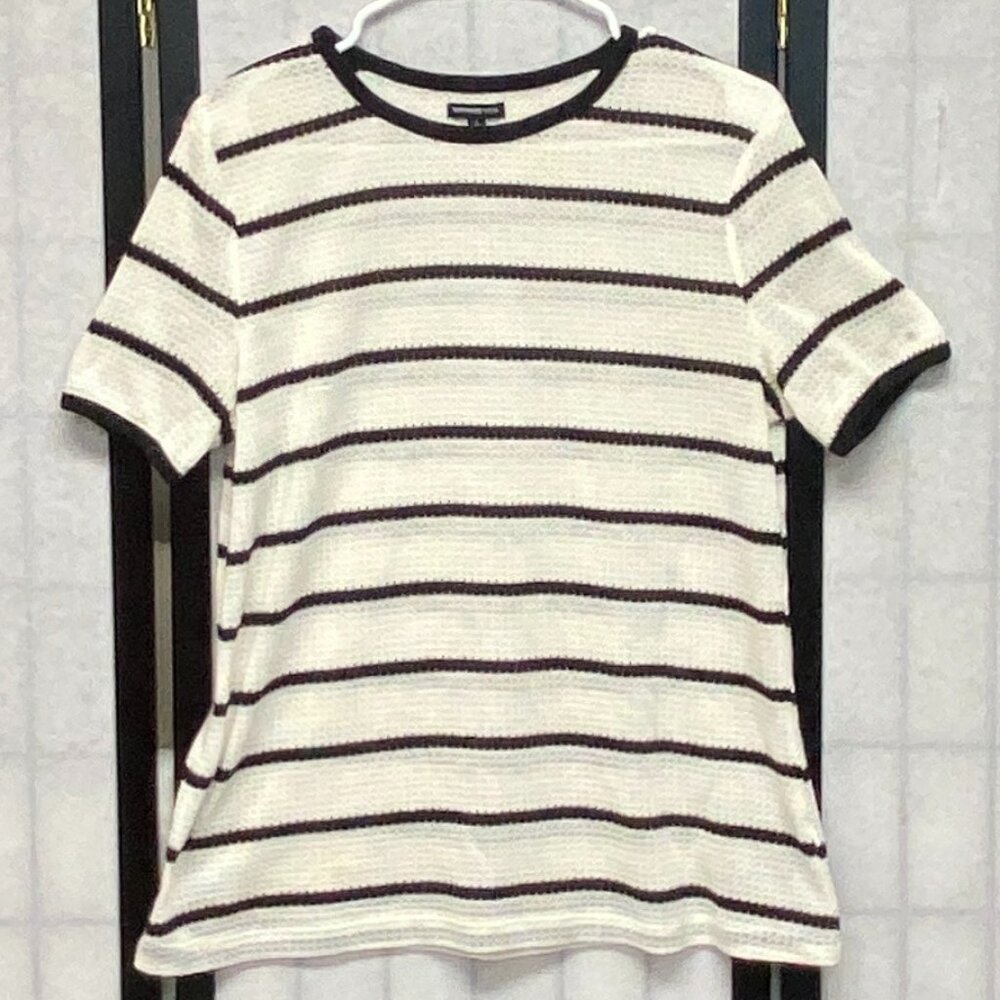 Who What Wear Openwork Knit Stripe Tee Shirt L Cream Black Scoop Neck